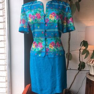 Vintage Turquoise Blue Floral Silk Skirt Set sz 8
